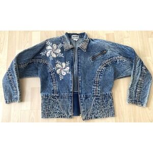 Vtg Jazzino Jean Jacket Women's L Embellished Applique Silver Studs Denim Y2K